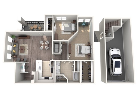 a 2100 sq ft floor plan with a car and a garage at The Atlantic Stone Oak Apartments, San Antonio, 78260